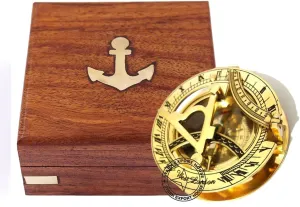Brass Pocket Sundial Compass for Navigation Outdoor Activities Camping Hiking 3 inch with Wood Box (MKOX)