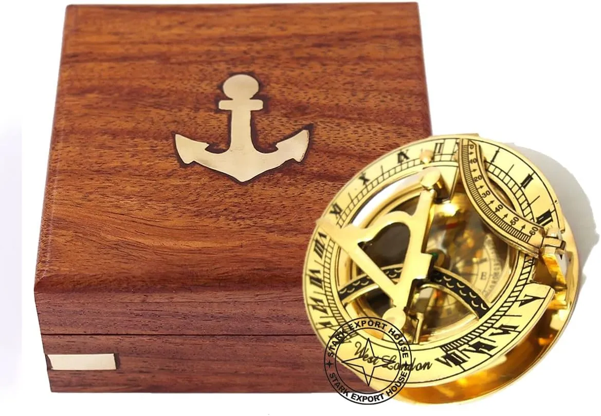 Brass Pocket Sundial Compass for Navigation Outdoor Activities Camping Hiking 3 inch with Wood Box (MKOX)