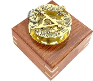 Brass Pocket Sundial Compass for Navigation Outdoor Activities Camping Hiking 3 inch with Wood Box (NJDEX)