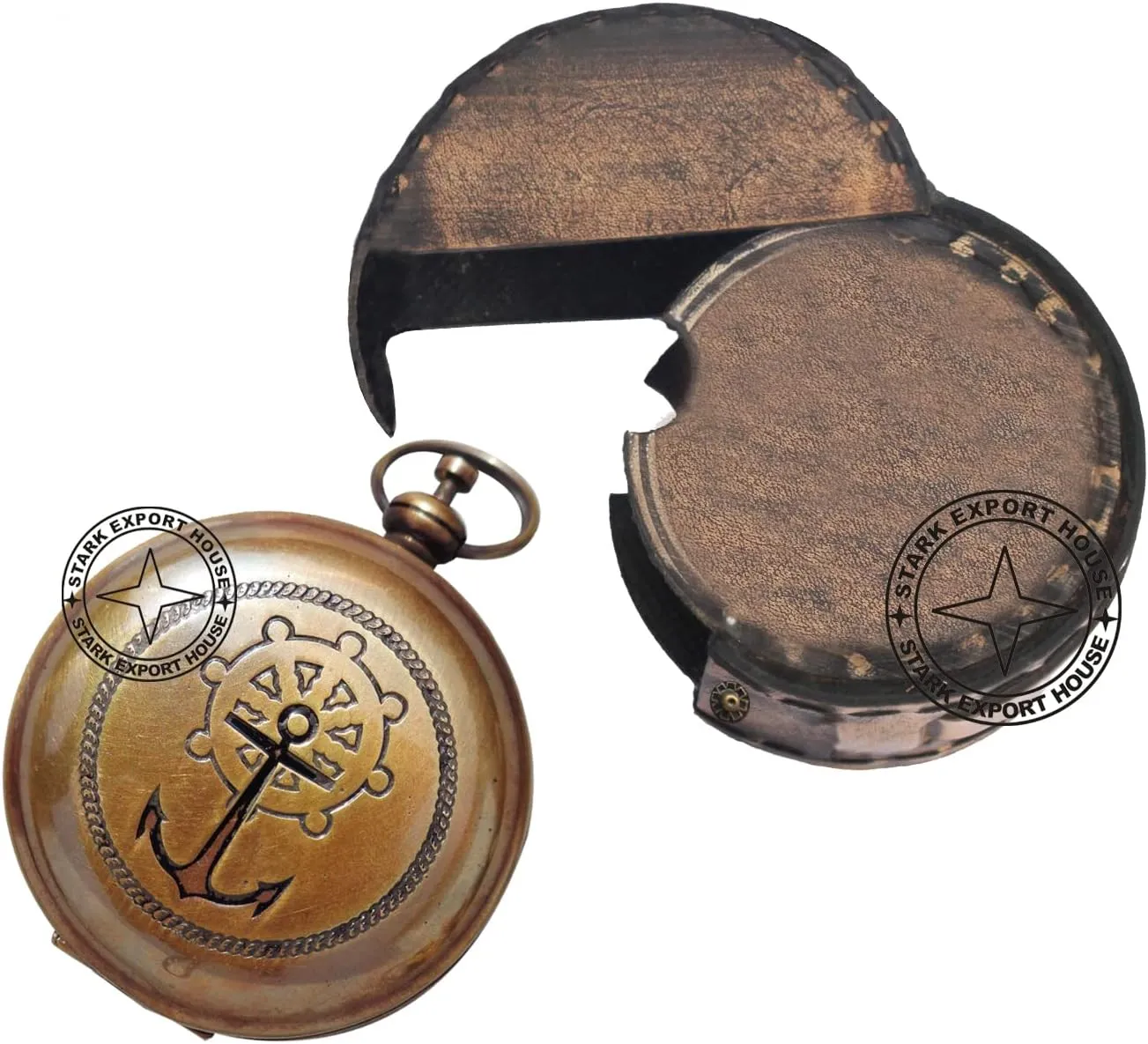 Brass Push Button Compass Pocket Sundial Compass for Navigation Camping Hiking Small 2 inch with Leather Case