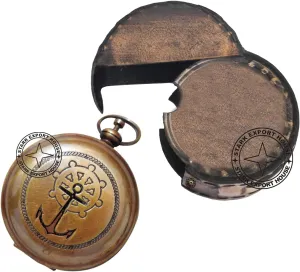 Brass Push Button Compass Pocket Sundial Compass for Navigation Camping Hiking Small 2 inch with Leather Case