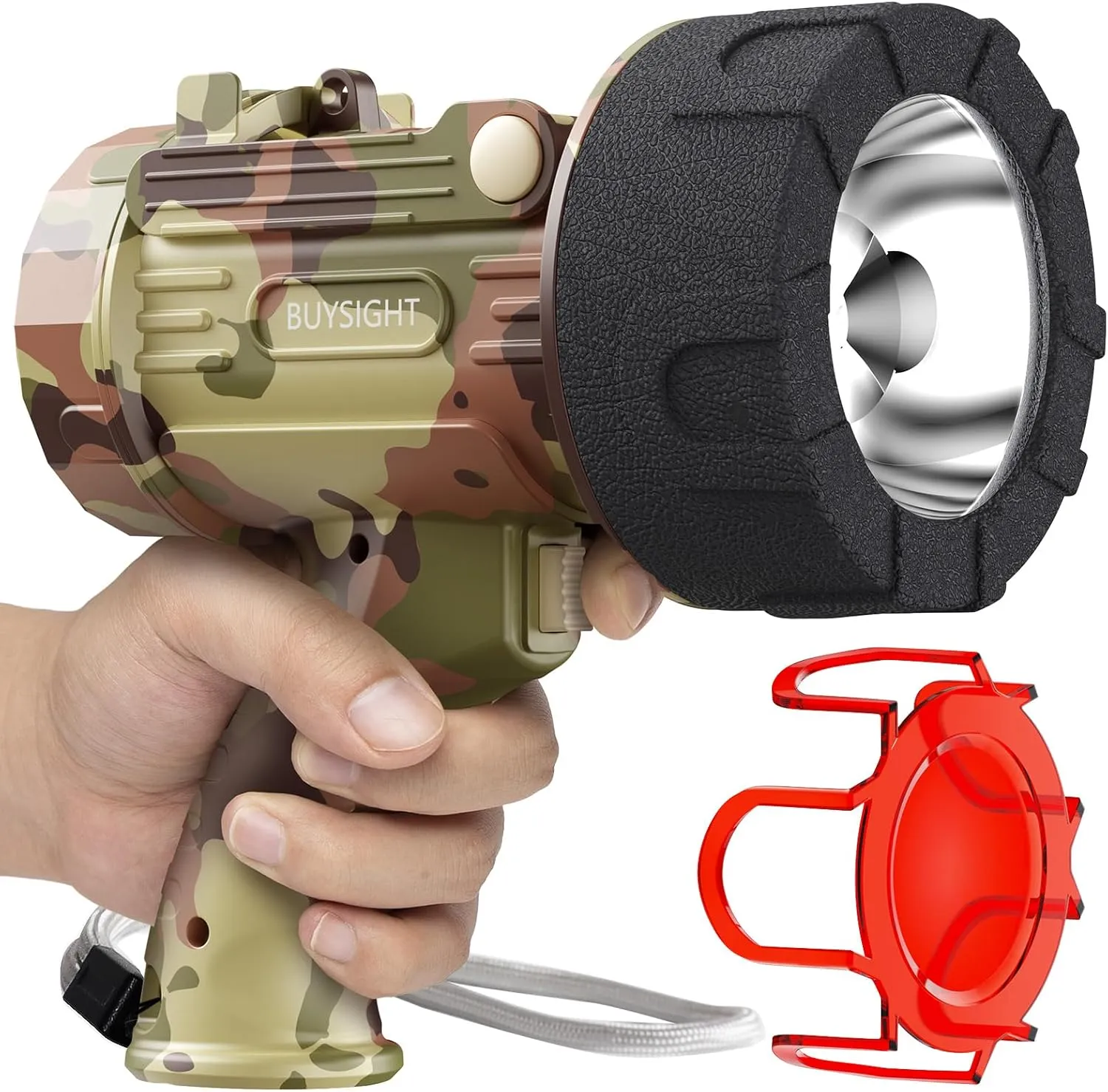 BUYSIGHT Rechargeable Spotlight Flashlight,1500 lumens Hand held Spotlight Waterproof Flashlight Hunting Lamp with red Filter (Camouflage Grey)