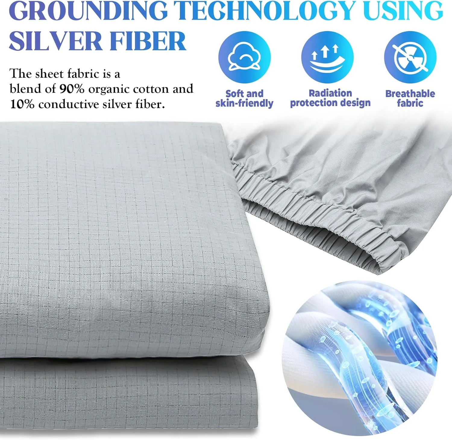 Calmbee Grounding Sheets Queen Size, 10% Pure Silver Fiber   90% Organic Cotton, Grounding Sheet Earth Connected Bedding (Queen - 60"x 80"x 13" Gray) Fitted Earth Sheets with Grounding Cord