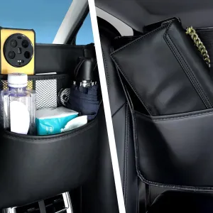 Car Handbag Holder Between Seats For Compact Cars PU Leather Storage Organizer Between Vehicle Front Seats Filled With Sponge Hanging Automobile Storage Bag Accessories