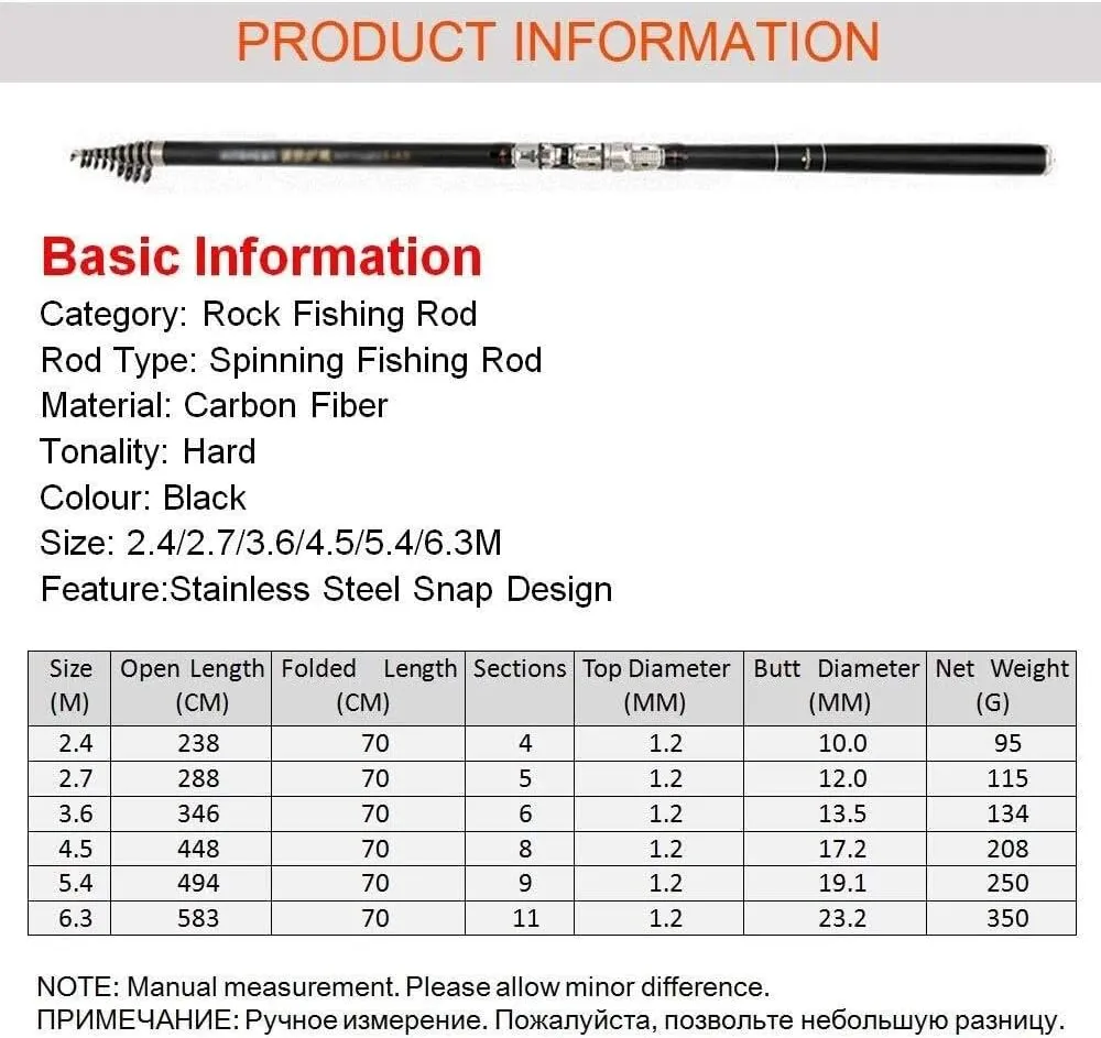 Carbon Fiber 2.4M-6.3M Telescopic Rock Fishing Rod, Ultralight Travel Carp Feeder Rod with Stainless Steel Guide Rings