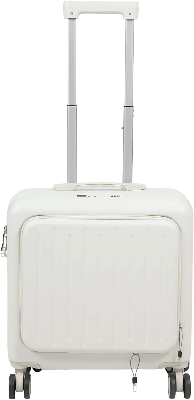 Carry On Luggage with Wheels, 18" Boarding Suitcase, Suitcase with Front Pocket, Travel Luggage Suitcase with Lock and Cup Holder, Lightweight Rolling Suitcases Under Seat for Business Trips (White)