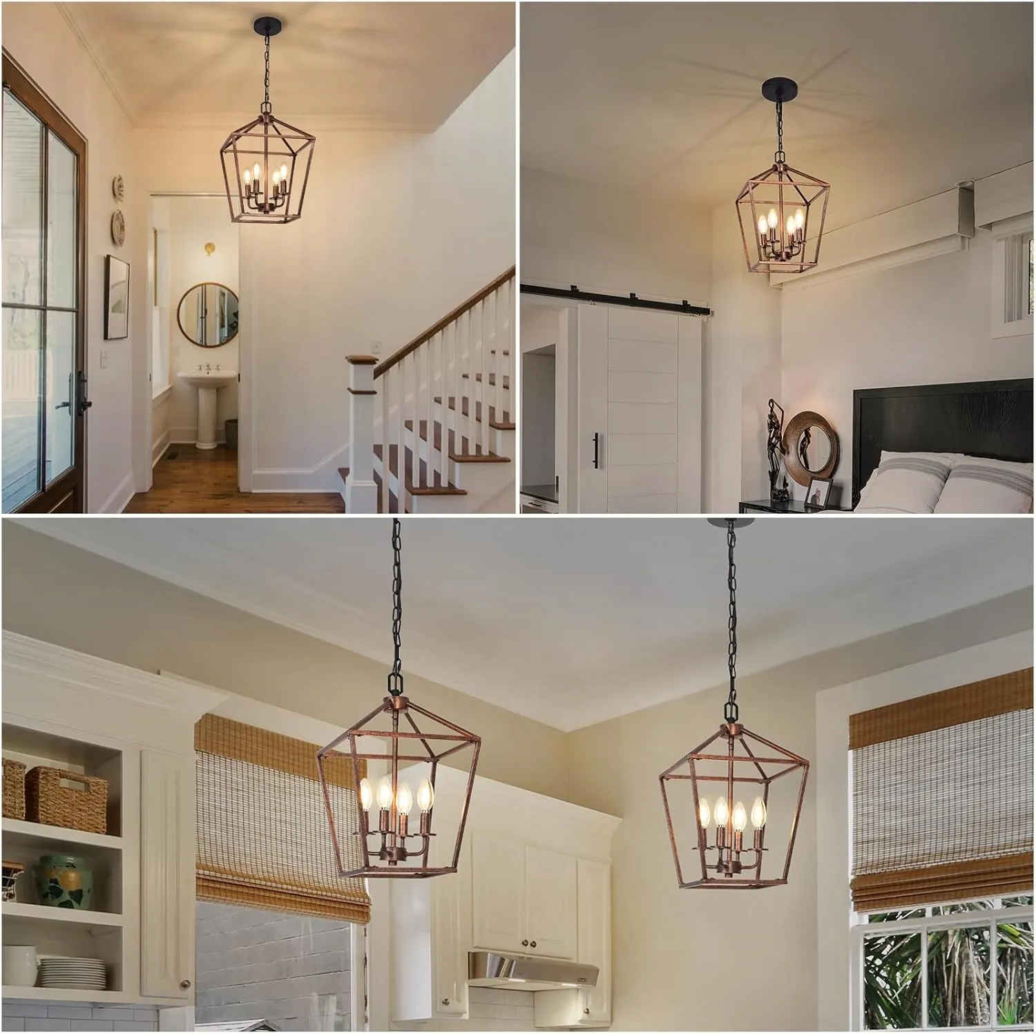 Chandelier for Dining Room, 4-Light Rustic Chandelier Fixtures, Vintage Ceiling Light with Adjustable Height, Antique Bronze Geometric Hanging Light for Bedroom, Foyer, Kitchen, Living Room, Entryway