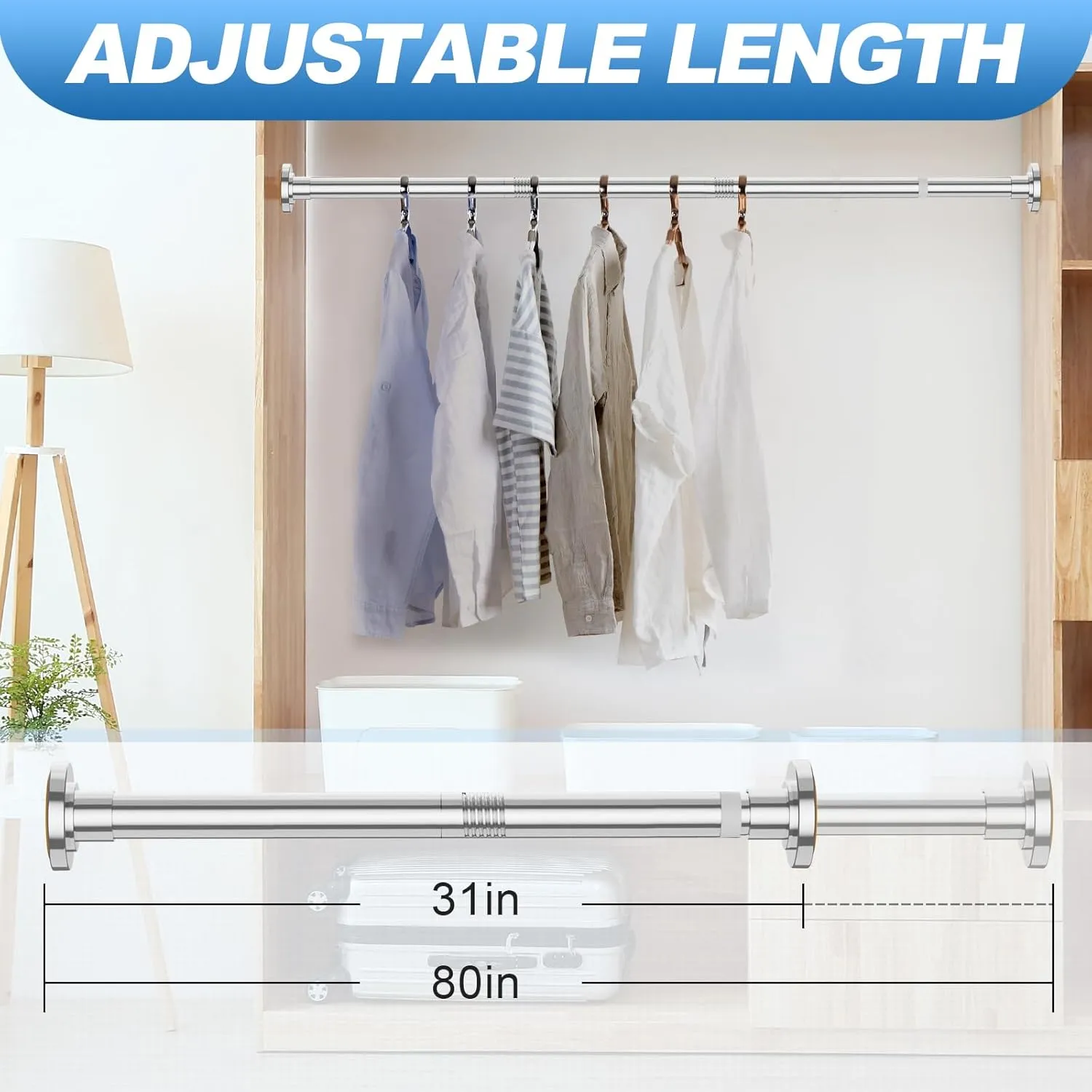 Chrome Shower Curtain Rod 31 to 80 Inch,1 Inch Diameter Adjustable Spring Tension Curtain Rod No Drilling Stainless Steel Telescoping Rod,No Rust