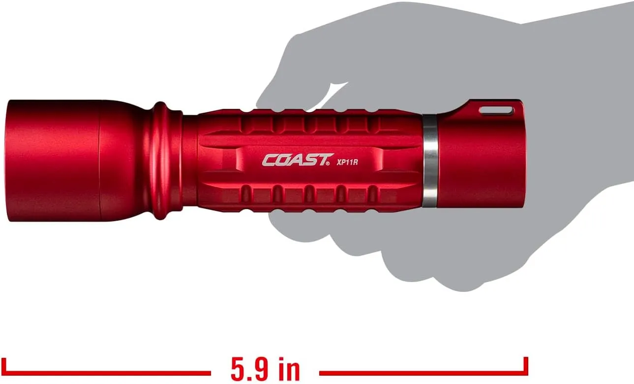 Coast XP11R 2600 Lumen USB-C Rechargeable LED Flashlight with Slide Focus® and Pure Beam® Focusing Optic, 4 Light Modes, Red