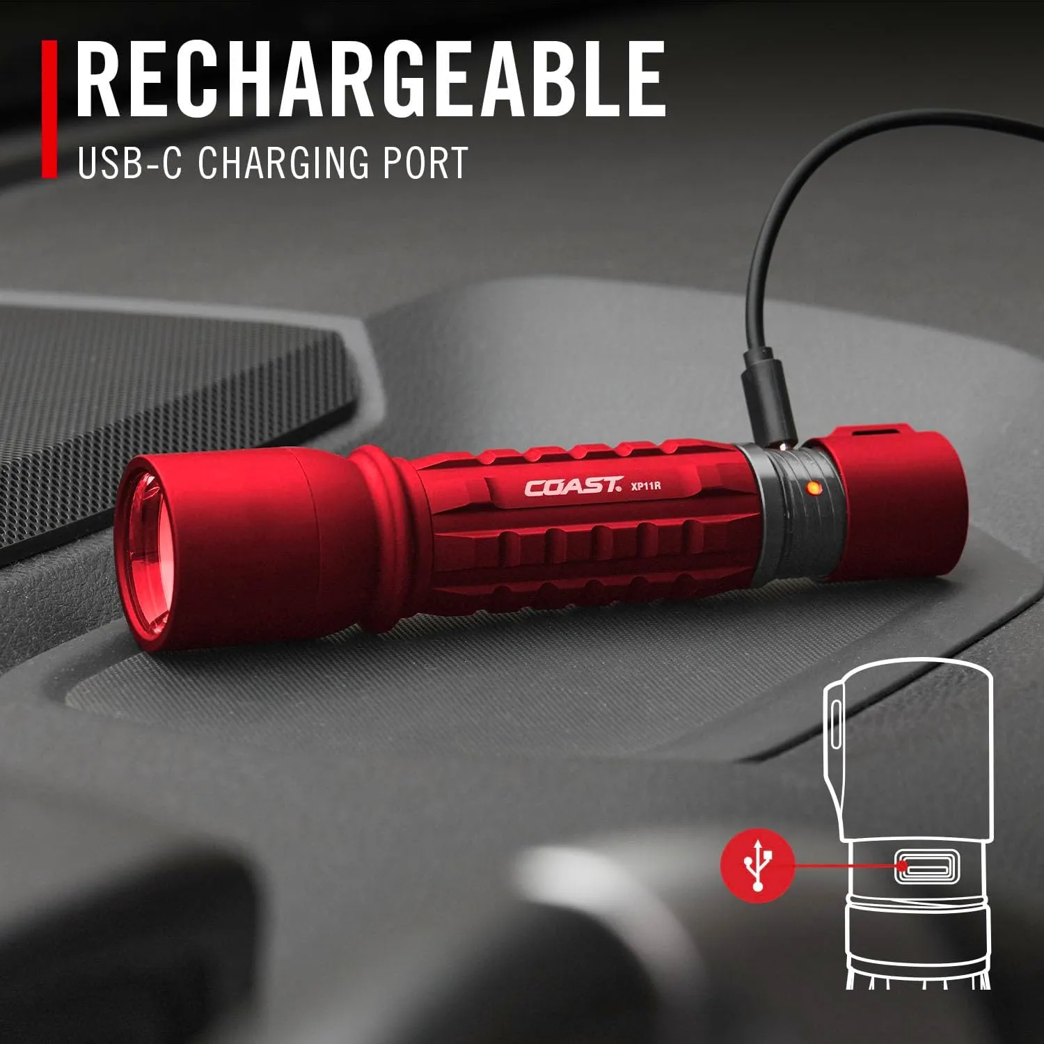 Coast XP11R 2600 Lumen USB-C Rechargeable LED Flashlight with Slide Focus® and Pure Beam® Focusing Optic, 4 Light Modes, Red