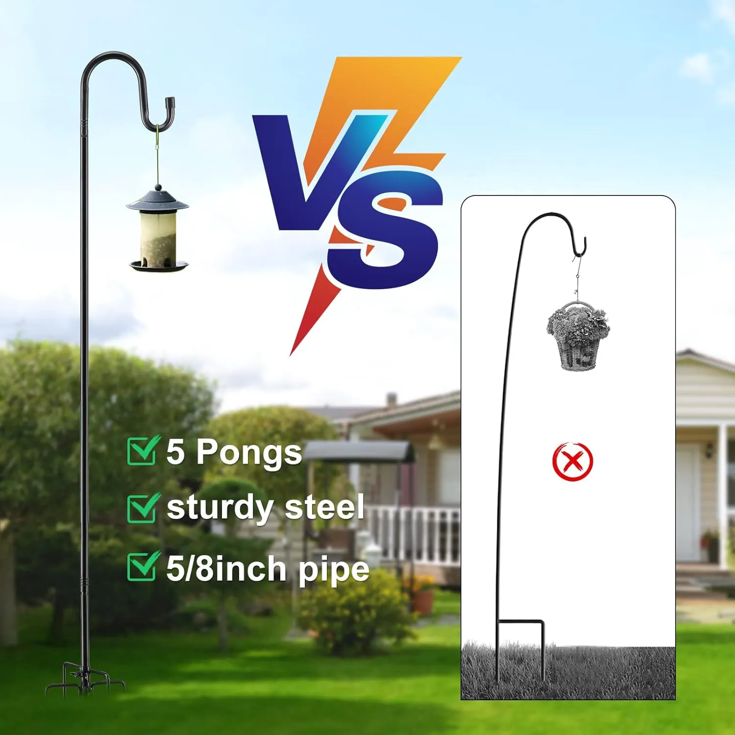 COCONUT Shepherds Hook for Outdoor, 62 Inch Adjustable Bird Feeder Pole with 5 Prong Base, Garden Hanger Stand for Hummingbird Feeder, Wind Chime, Lantern