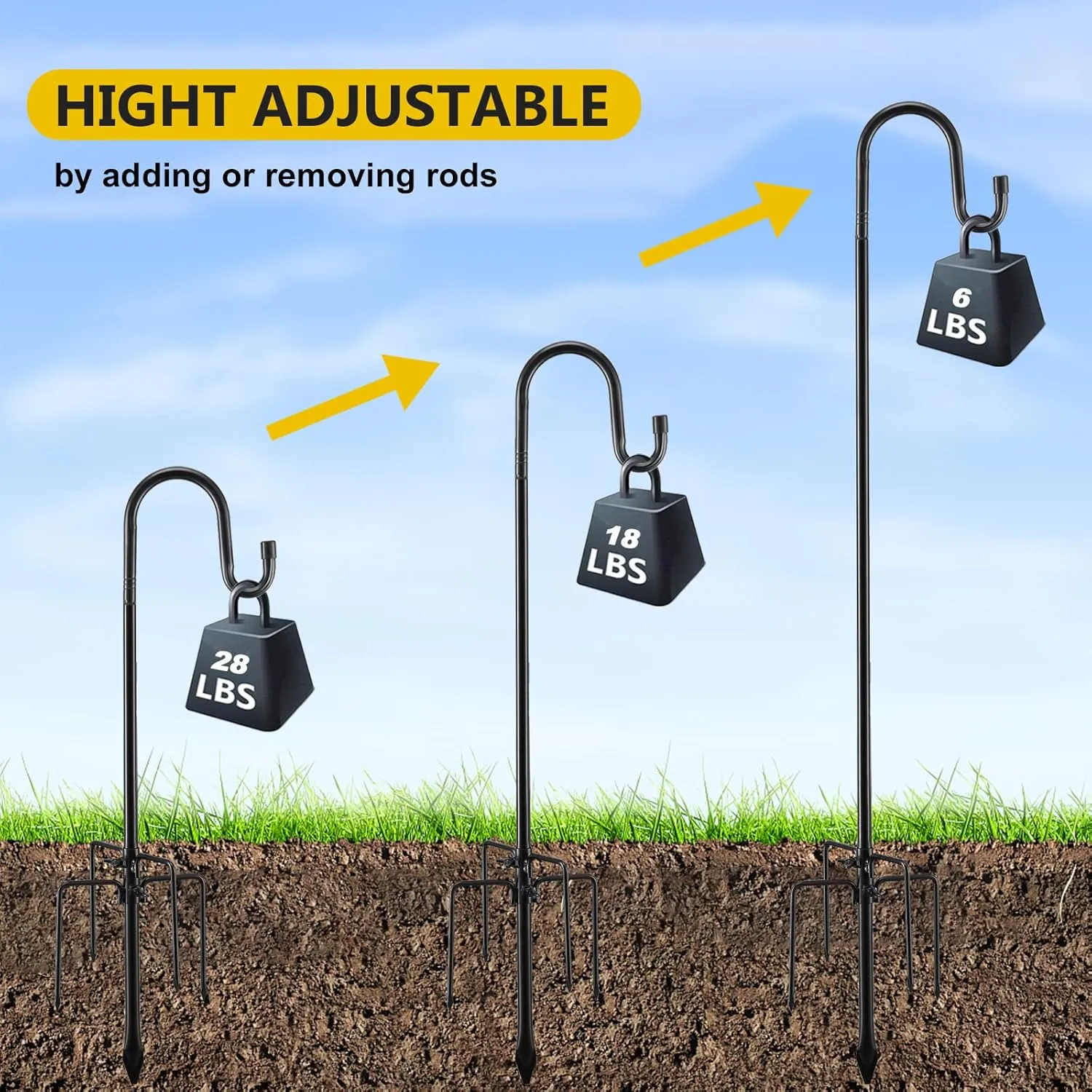 COCONUT Shepherds Hook for Outdoor, 62 Inch Adjustable Bird Feeder Pole with 5 Prong Base, Garden Hanger Stand for Hummingbird Feeder, Wind Chime, Lantern