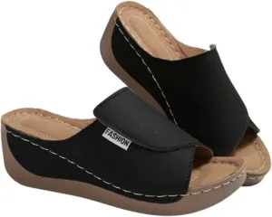 Comfortable Arch Support Slides Women's Solid Color Orthopedic Sandals Breathable Summer Leather Platform Wedge Sandals Slip on Women All Day Walking Casual Sandal