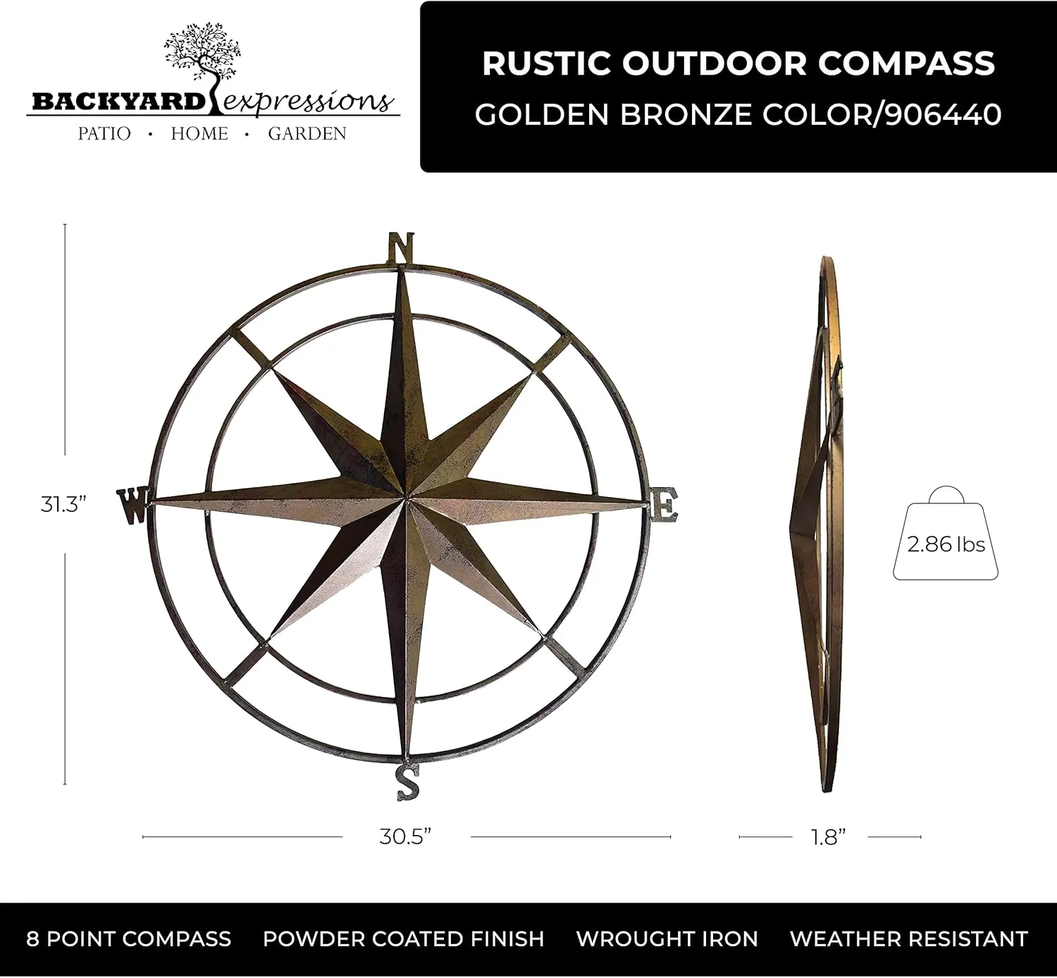 Compass Wall Plaque - 30 Inch - Indoor/Outdoor - Bronze - Backyard Expressions