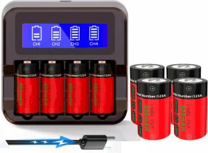 CR123A Lithium Batteries, Yofraro 4-Pack 3.7V Rechargeable Batteries and CR123A Charger for Arlo VMS3130 VMC3030 VMK3200 VMS3330 3430 3530 Cameras, Flashlight