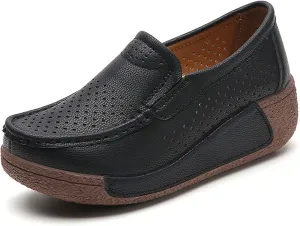 CrazySavage Women's Toning Rocker Cutout Walking Shoes Platform Slip On Leather Hollow Breathable Wedge Orthotic Sneakers Insole Pain Relief Arch Support That