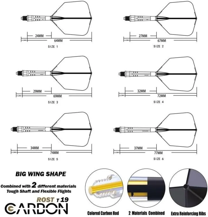 CUESOUL ROST T19 Carbon Integrated Dart Shaft and Flight Big Wing Shape-Black Flight with Yellow Shafts