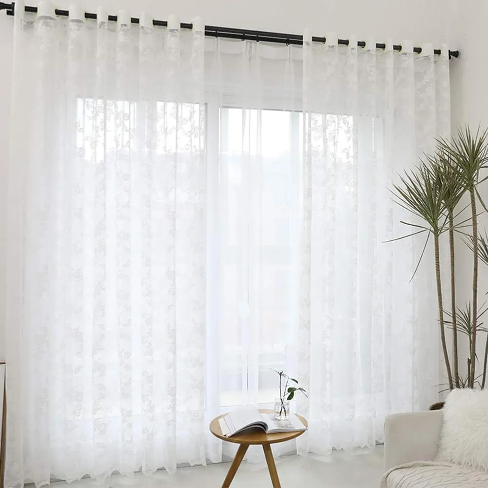 Curtain Semi Sheer Curtain Panel,Lace Sheer Curtain White for Bedroom,Embroidery Grommet Window,Transparent Window Drape Panel Voile,Living Room/Stud/White/W150*H270Cm