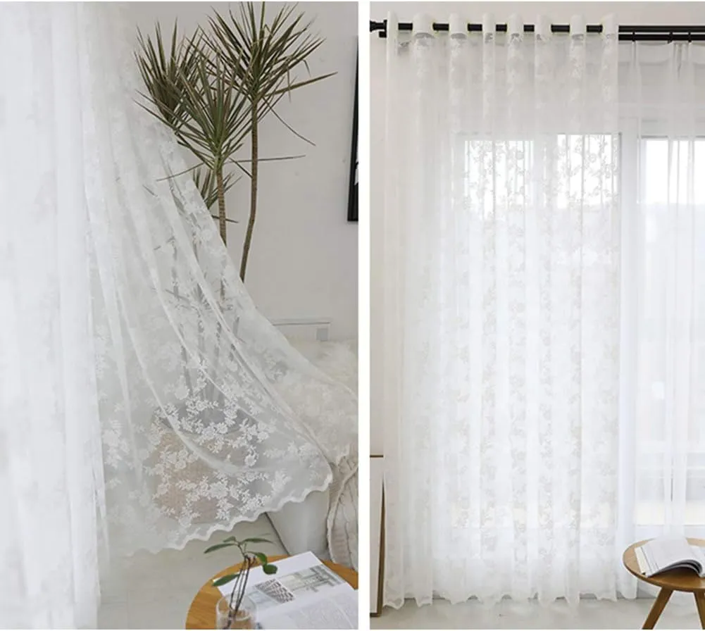 Curtain Semi Sheer Curtain Panel,Lace Sheer Curtain White for Bedroom,Embroidery Grommet Window,Transparent Window Drape Panel Voile,Living Room/Stud/White/W150*H270Cm