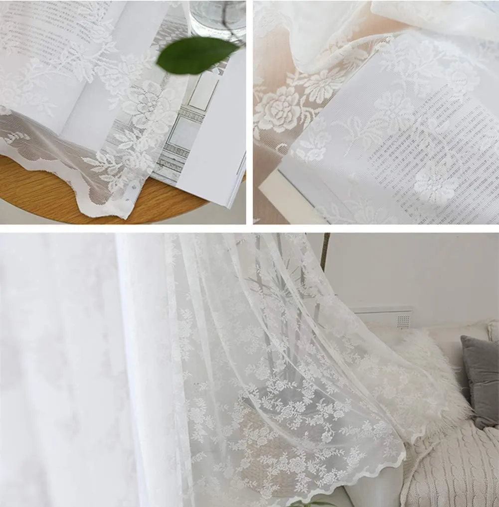 Curtain Semi Sheer Curtain Panel,Lace Sheer Curtain White for Bedroom,Embroidery Grommet Window,Transparent Window Drape Panel Voile,Living Room/Stud/White/W150*H270Cm