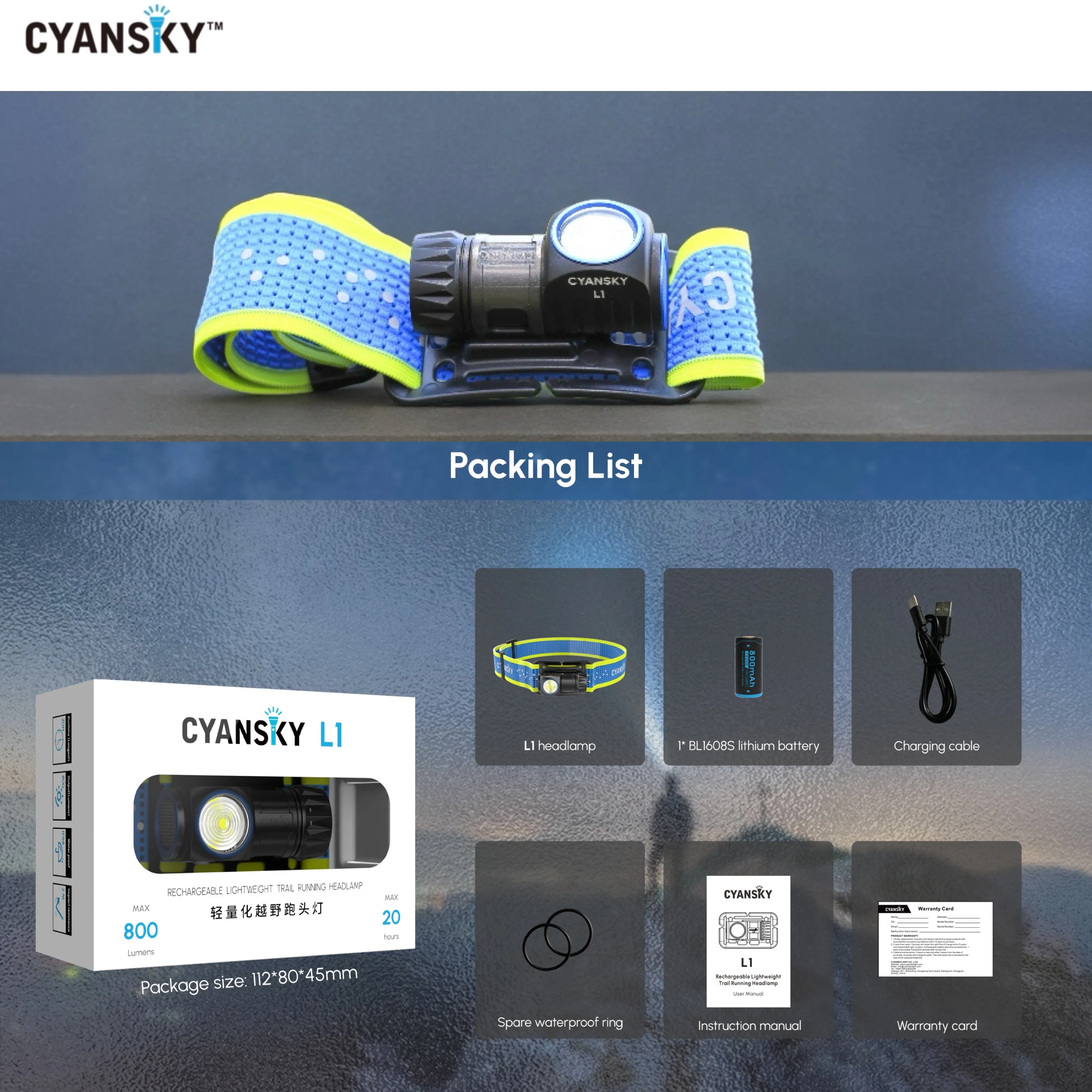 Cyansky L1 Lightweight Trail Running Headlamp 800LMS 87M