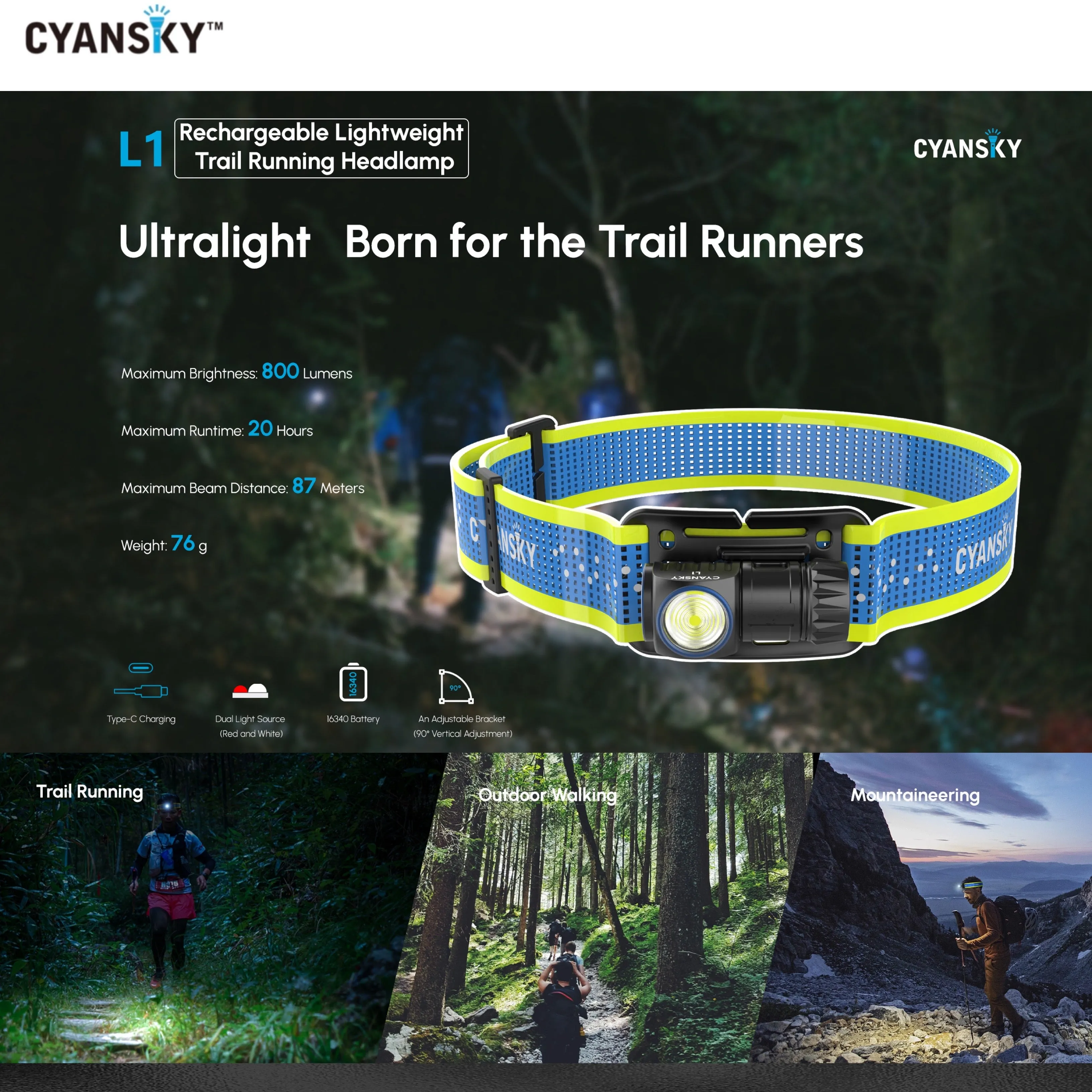 Cyansky L1 Lightweight Trail Running Headlamp 800LMS 87M
