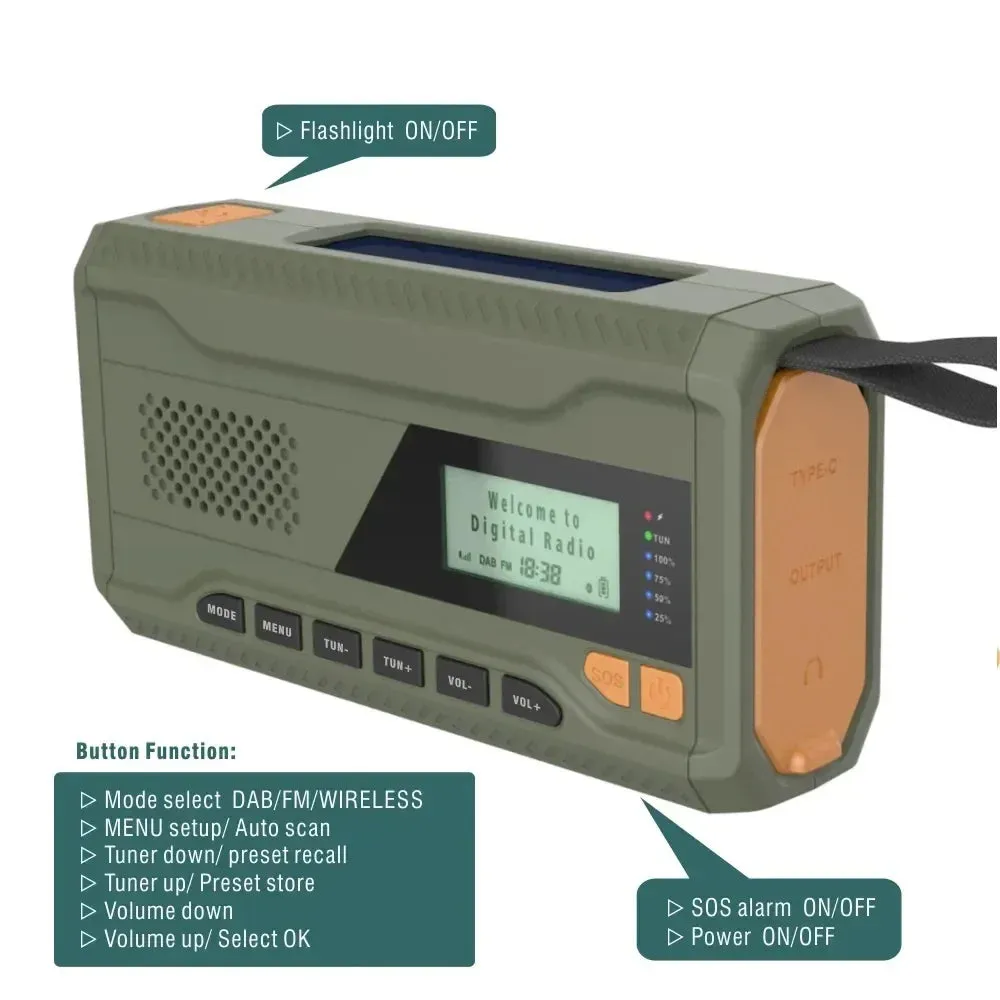 DAB/FM Bluetooth Portable Solar Radio - Emergency Hand Crank Dynamo Outdoor Speaker with LED Flashlight and SOS Function