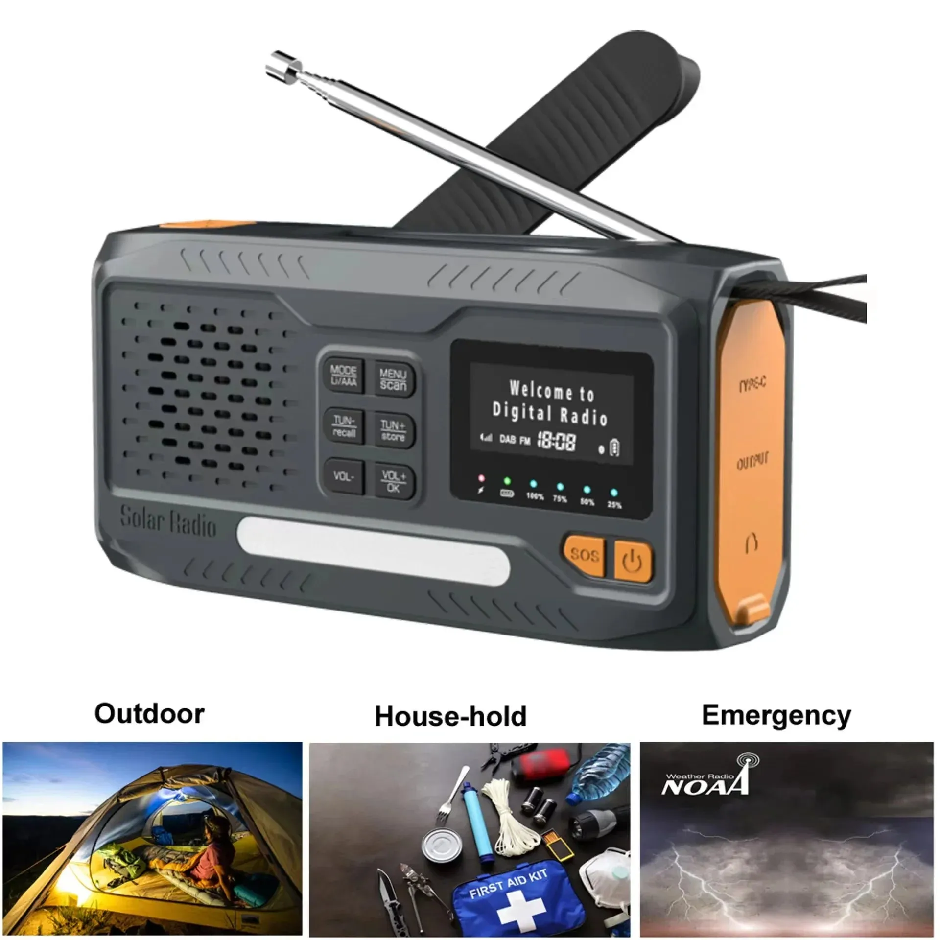 DAB/FM Bluetooth Portable Solar Radio - Emergency Hand Crank Dynamo Outdoor Speaker with LED Flashlight and SOS Function