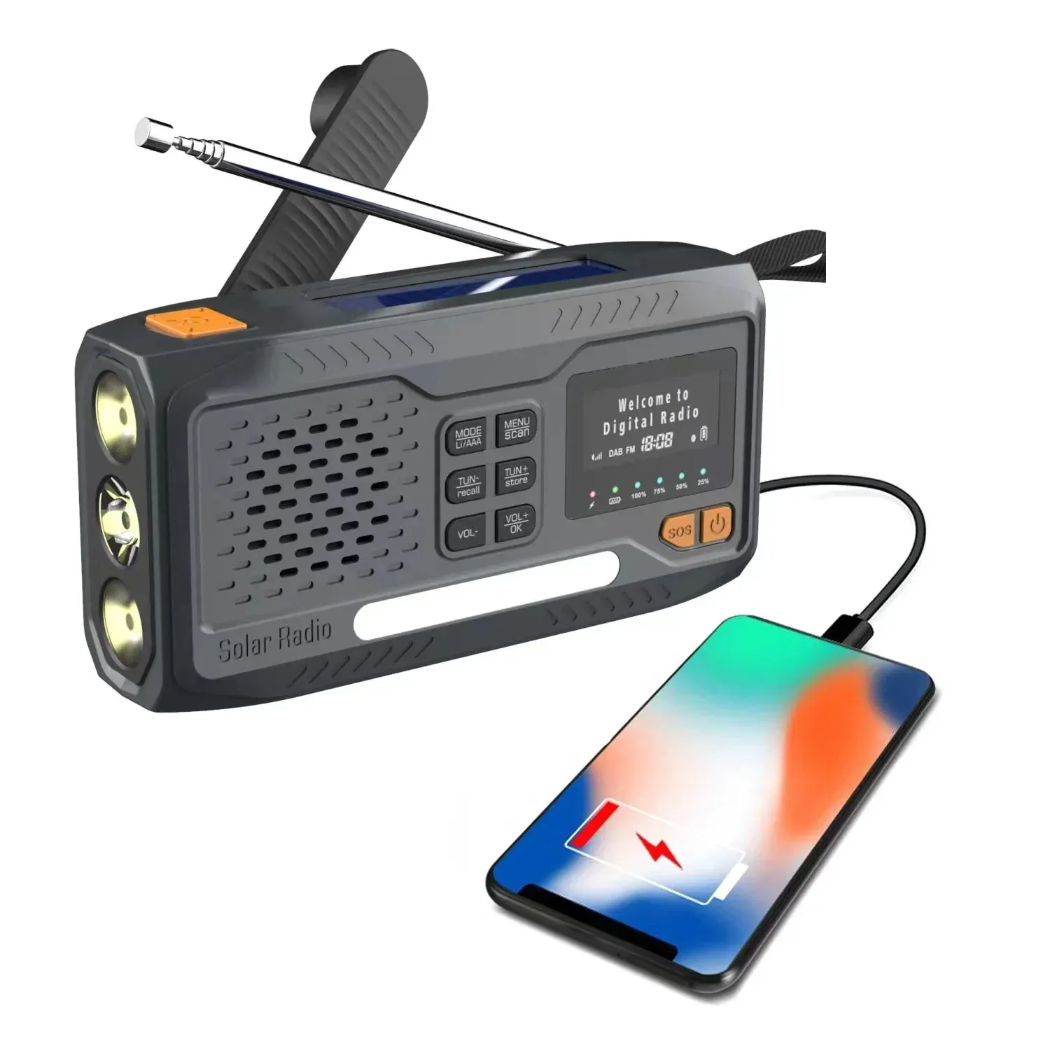 DAB/FM Bluetooth Portable Solar Radio - Emergency Hand Crank Dynamo Outdoor Speaker with LED Flashlight and SOS Function