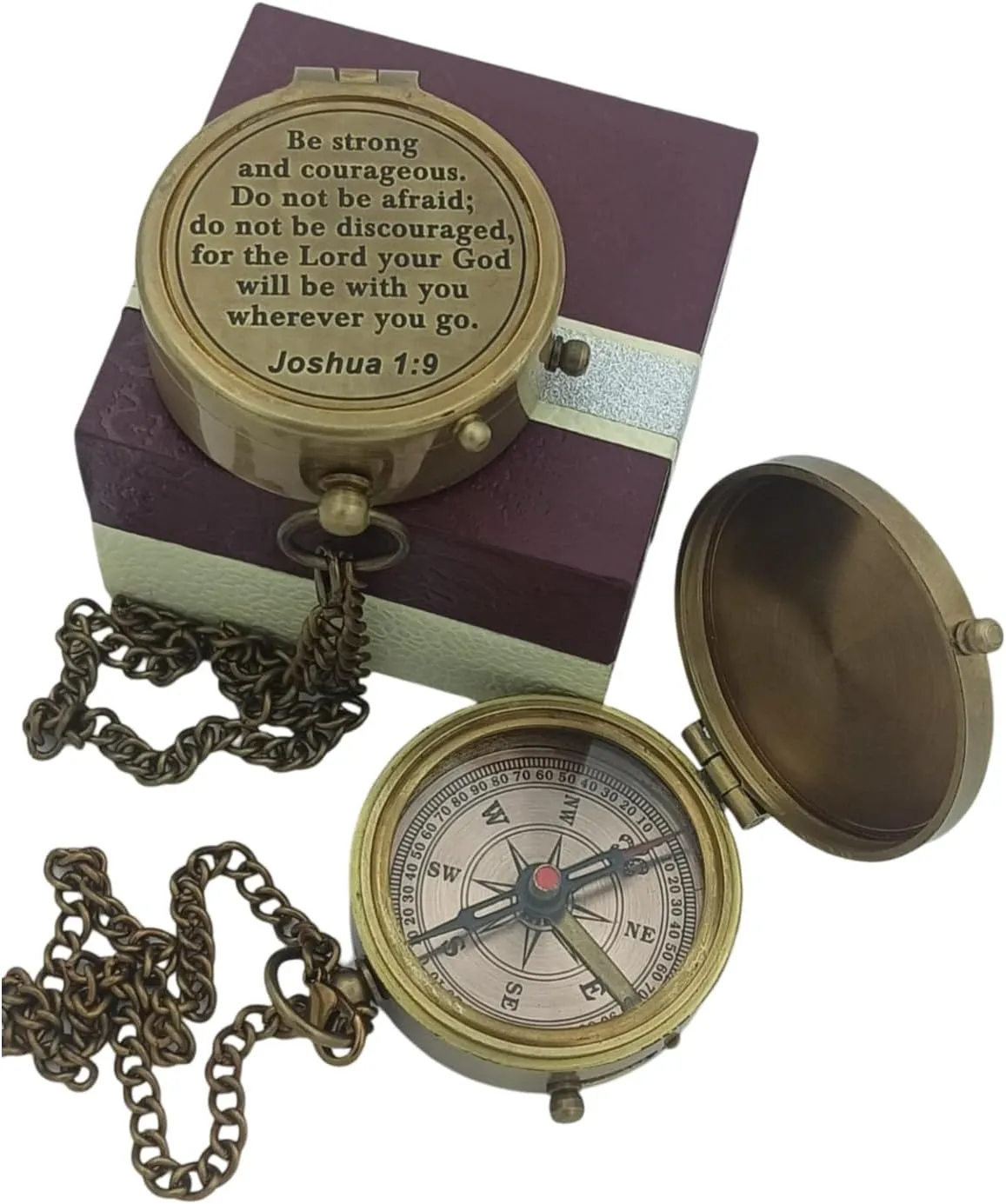 Decor&More Brass Compass with Box Prayer Compass Religious Gift for Men & Women Communion Compass for Boys Graduation Gift, Best Compass for Hiking & Traveling