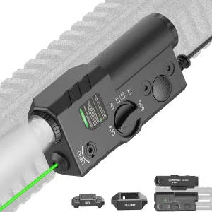 Defentac Green Laser Light Combo w/Lever Indicator is Compatible with Mlok/Picatinny Rail, 1450lm Flashlight with Remote Pressure Switch for Rifle, Aluminum, Rechargeable