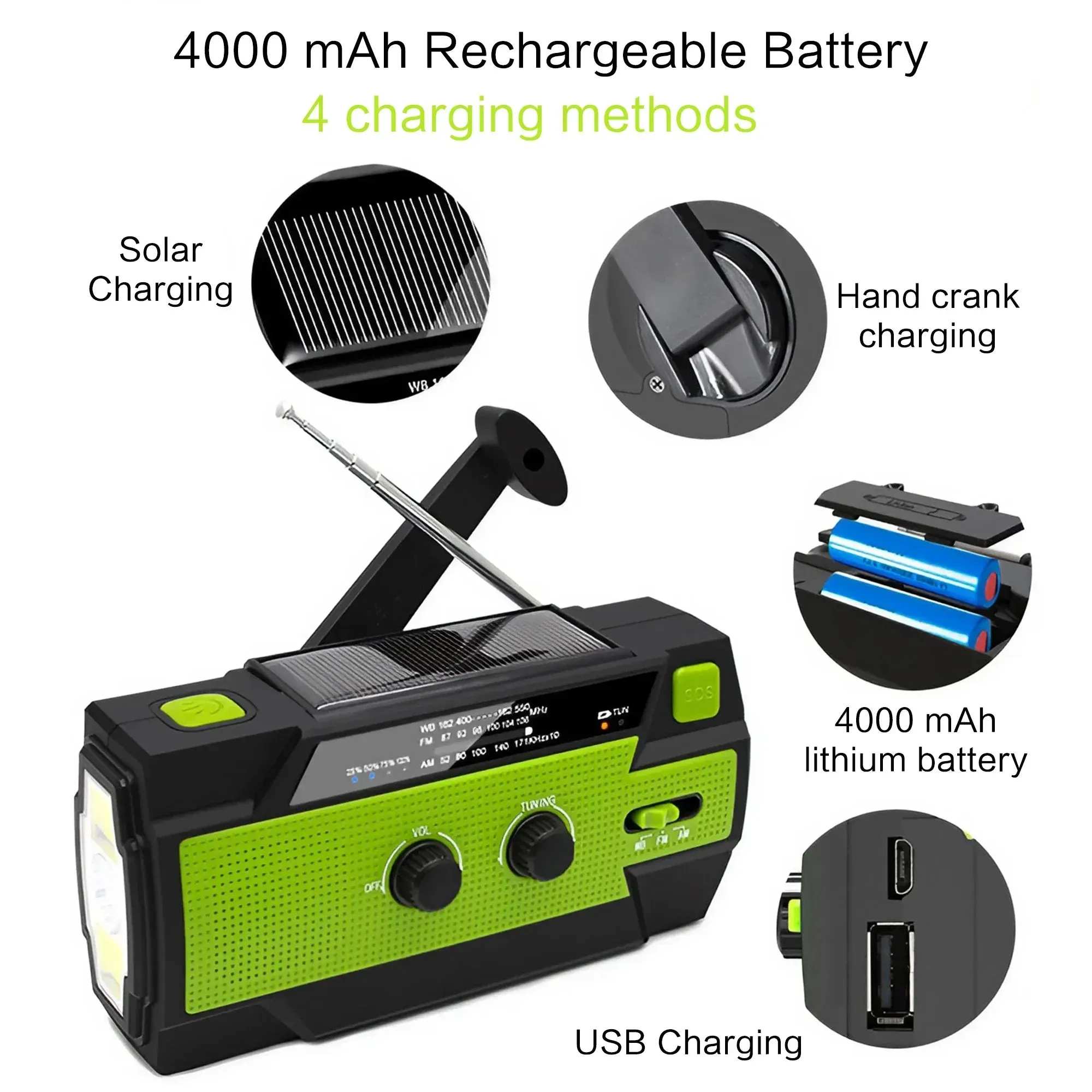 Disaster Prevention Emergency Radio with Solar Hand Crank, Rechargeable LED Flashlight and Reading Light