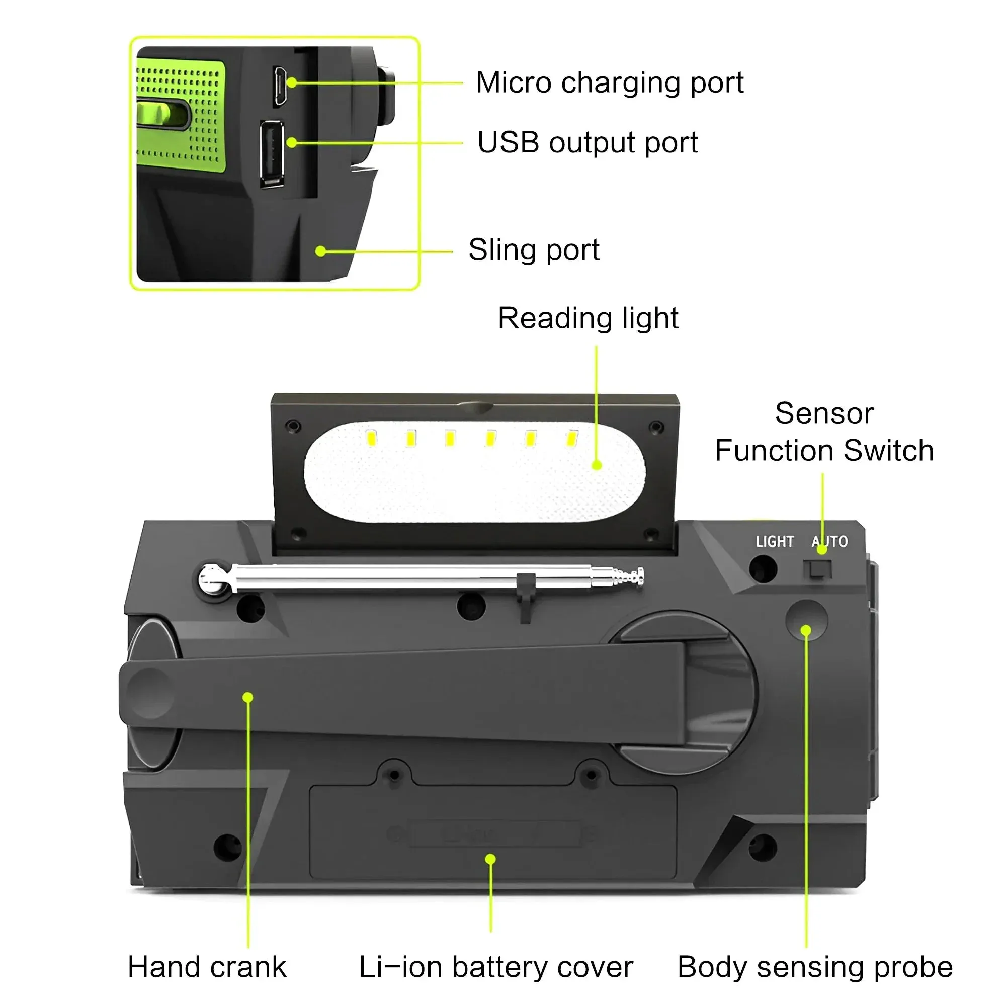 Disaster Prevention Emergency Radio with Solar Hand Crank, Rechargeable LED Flashlight and Reading Light