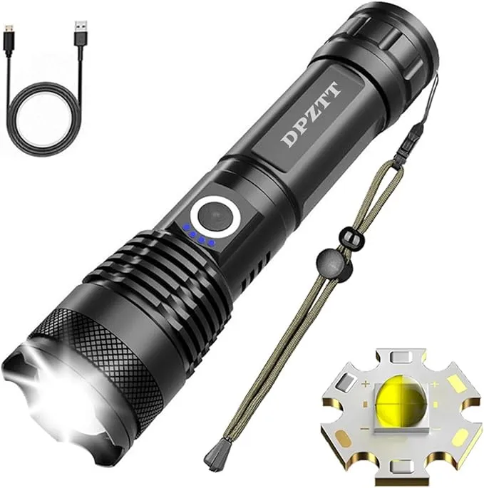 DPZTT Rechargeable Tactical Flashlights High Lumens High Powered Best Flash Light Super Bright 12 Hours Long Life LED Flashlight with 5 Modes for Home Outdoor
