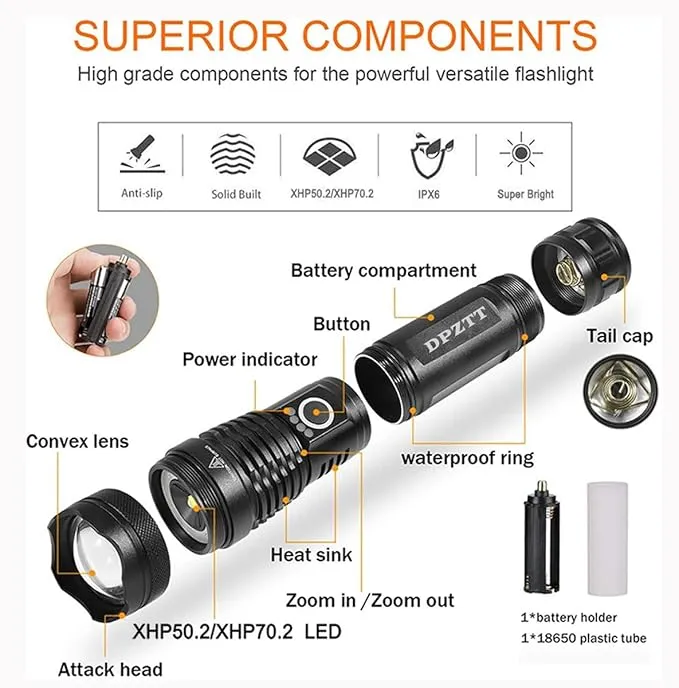 DPZTT Rechargeable Tactical Flashlights High Lumens High Powered Best Flash Light Super Bright 12 Hours Long Life LED Flashlight with 5 Modes for Home Outdoor