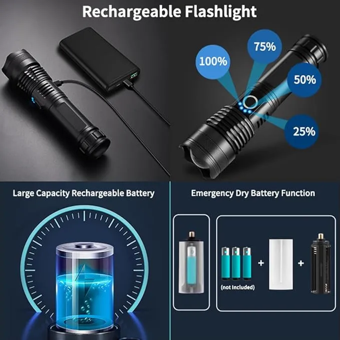 DPZTT Rechargeable Tactical Flashlights High Lumens High Powered Best Flash Light Super Bright 12 Hours Long Life LED Flashlight with 5 Modes for Home Outdoor