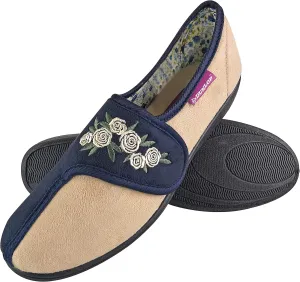 Dunlop - Womens Memory Foam Adjustable Velcro Strap Slippers for Swollen Feet (7 US, Navy Cream)
