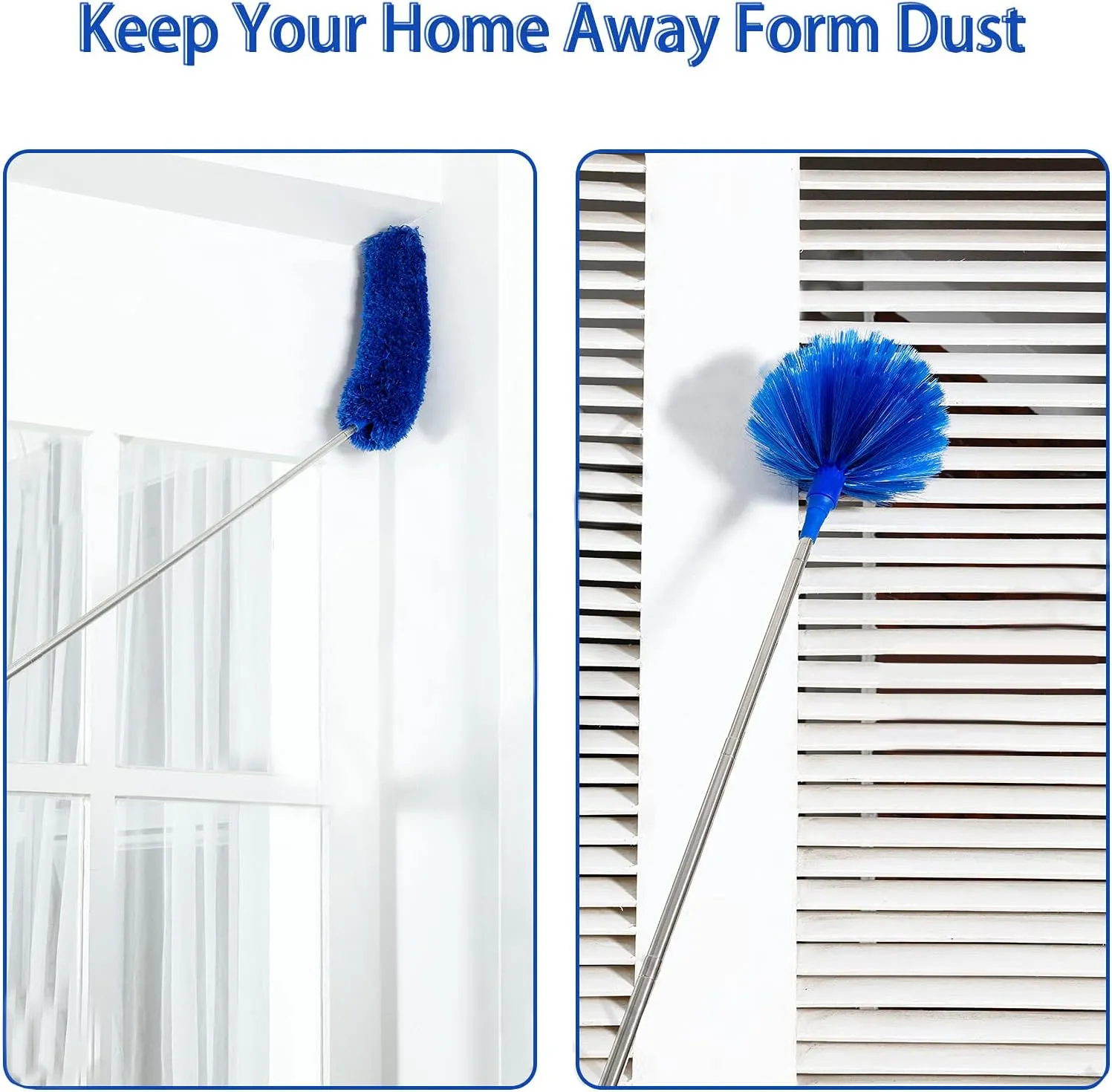 Duster, Microfiber Dusters with 2 Handle Sets, Durable 15-100 Inches Long Telescopic Rod, Washable, Feather Dusters for Cleaning Cobweb and Ceilings Fans, 5 Pack (Blue)