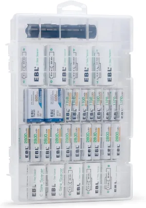 EBL Rechargeable Batteries Combo Box Include: 20 PCS 2800mAh AA Size, 16 PCS 1100mAh AAA Size, 5 PCS C Size Battery Adapters, 4 PCS D Size Battery Adapters, 2 PCS 9V Battery, and a Small Flashlight