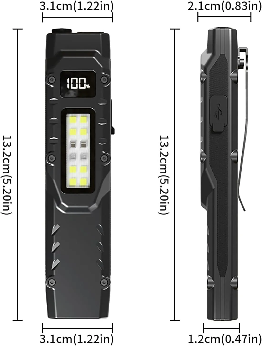 EDC Tactical Flashlight DT007, Compact 7 Mode Pocket LED Flashlight - 1500LM, USB-C Rechargeable Digital Display, IPX5 with Side Light and Clip for Everyday Carry Travel (1, Black)