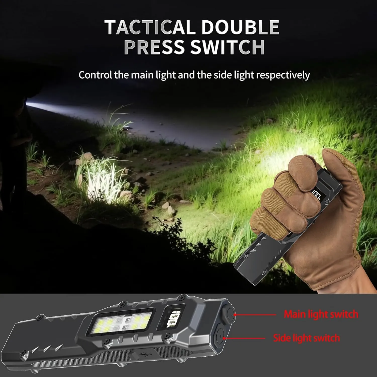 EDC Tactical Flashlight DT007, Compact 7 Mode Pocket LED Flashlight - 1500LM, USB-C Rechargeable Digital Display, IPX5 with Side Light and Clip for Everyday Carry Travel (1, Black)