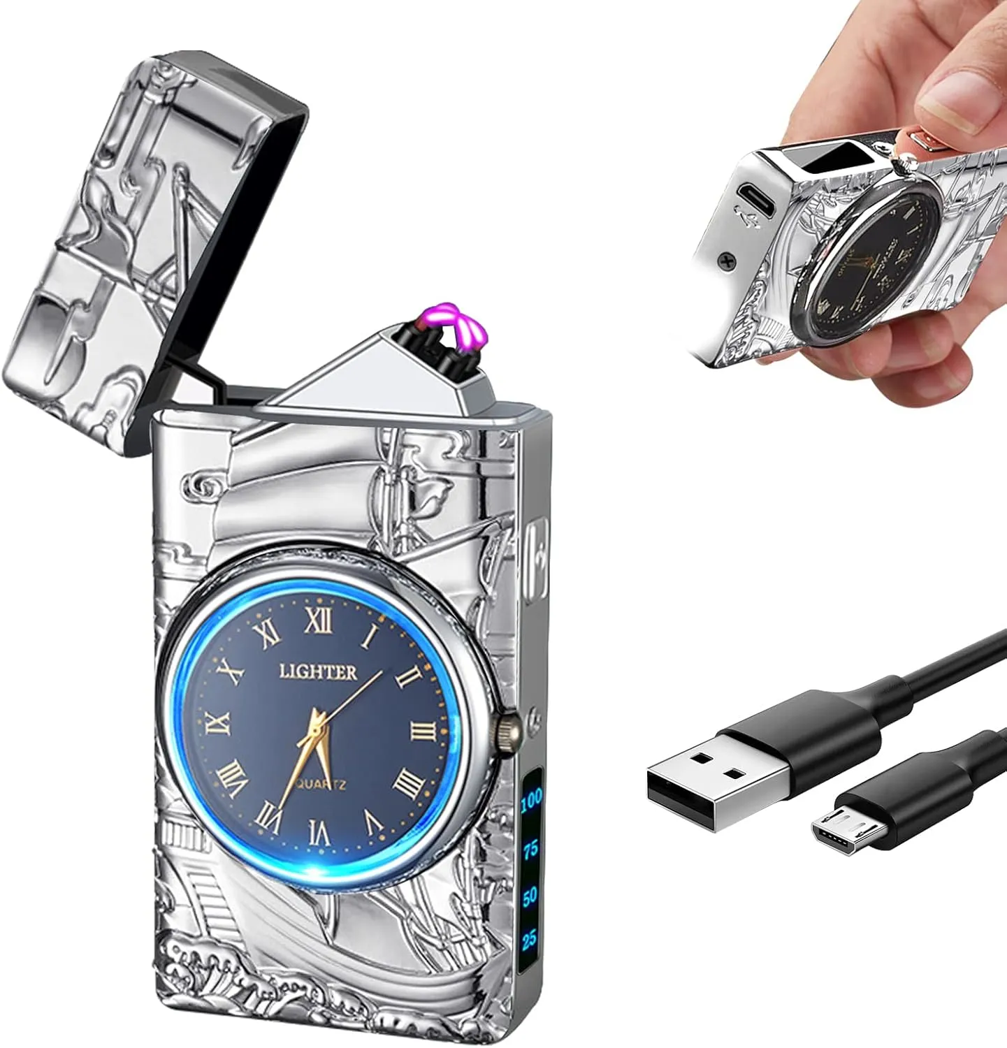 Electric Lighter with Plasma Arc, Windproof USB Rechargeable Lighter with Cool Design, Clock Dial, Flashlight, Power Display for Outdoor Daily Use, Gift for Men Women (Sailboat, Silver)