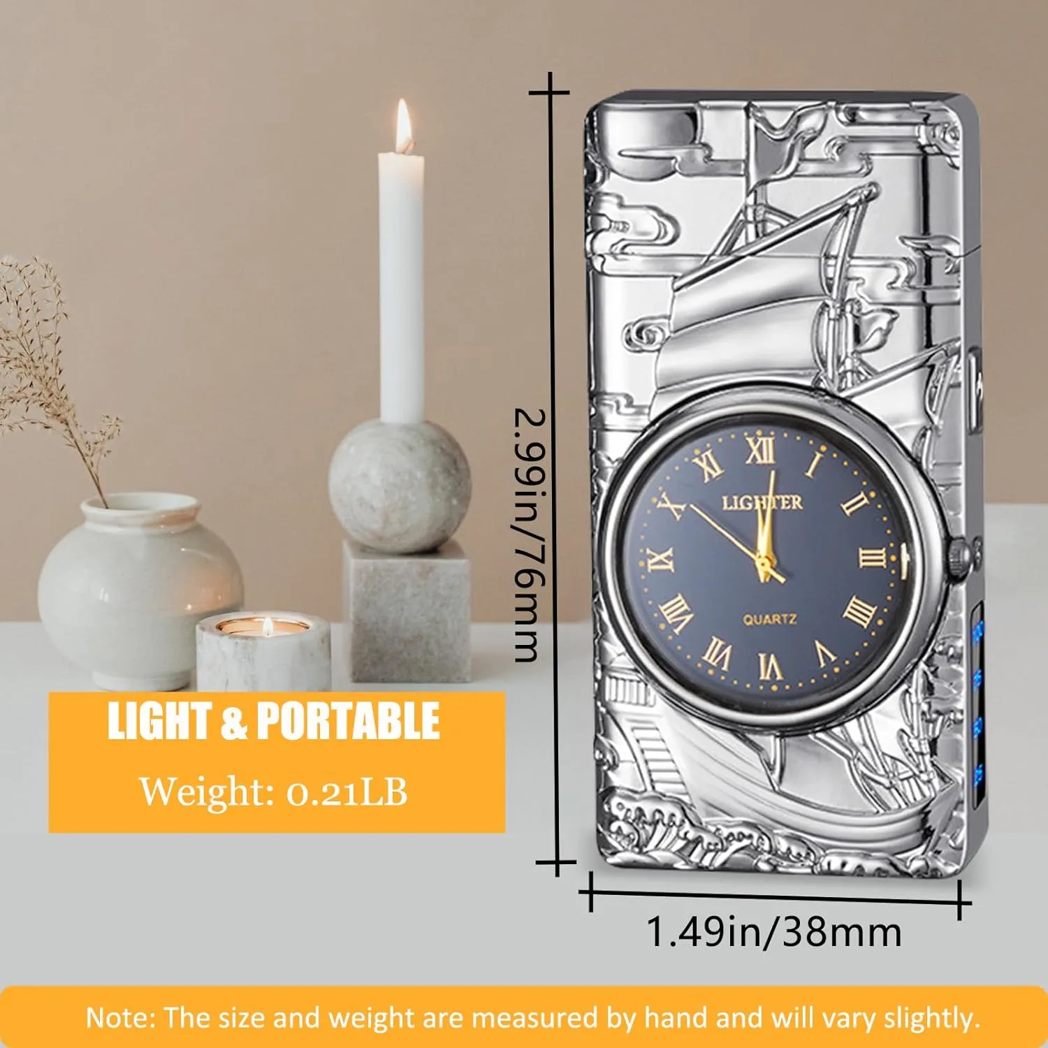 Electric Lighter with Plasma Arc, Windproof USB Rechargeable Lighter with Cool Design, Clock Dial, Flashlight, Power Display for Outdoor Daily Use, Gift for Men Women (Sailboat, Silver)