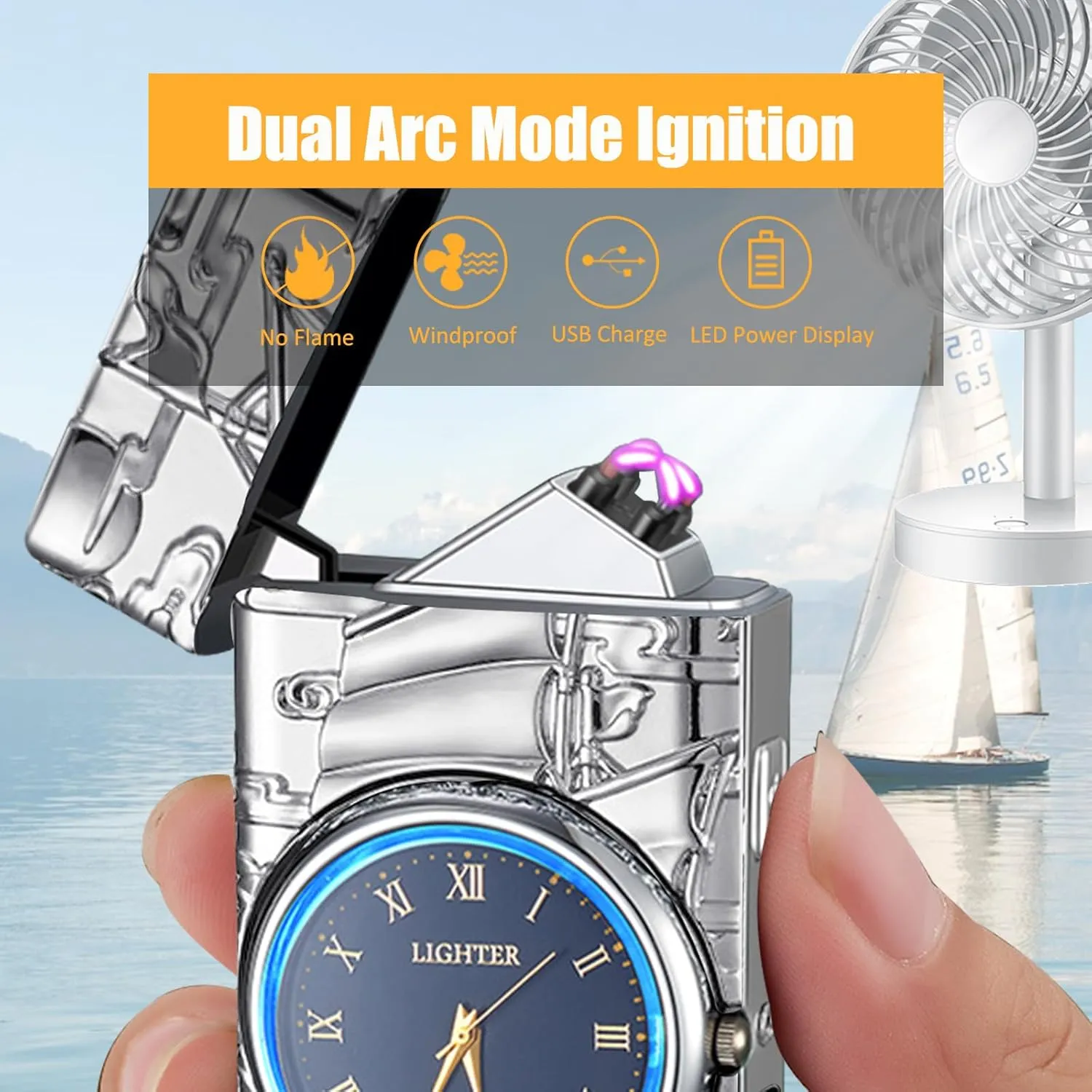 Electric Lighter with Plasma Arc, Windproof USB Rechargeable Lighter with Cool Design, Clock Dial, Flashlight, Power Display for Outdoor Daily Use, Gift for Men Women (Sailboat, Silver)