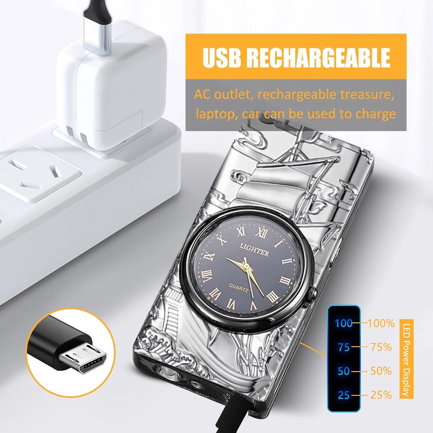 Electric Lighter with Plasma Arc, Windproof USB Rechargeable Lighter with Cool Design, Clock Dial, Flashlight, Power Display for Outdoor Daily Use, Gift for Men Women (Sailboat, Silver)