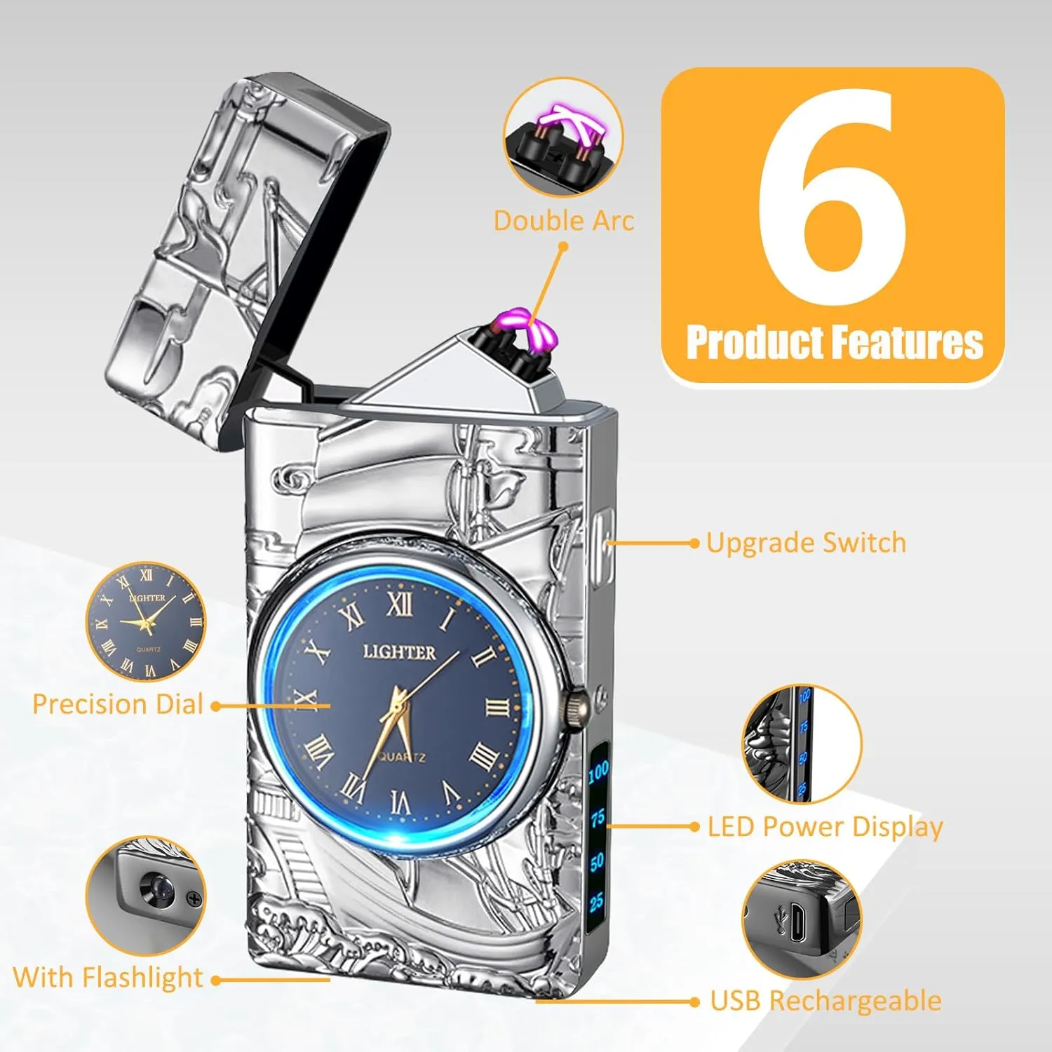 Electric Lighter with Plasma Arc, Windproof USB Rechargeable Lighter with Cool Design, Clock Dial, Flashlight, Power Display for Outdoor Daily Use, Gift for Men Women (Sailboat, Silver)