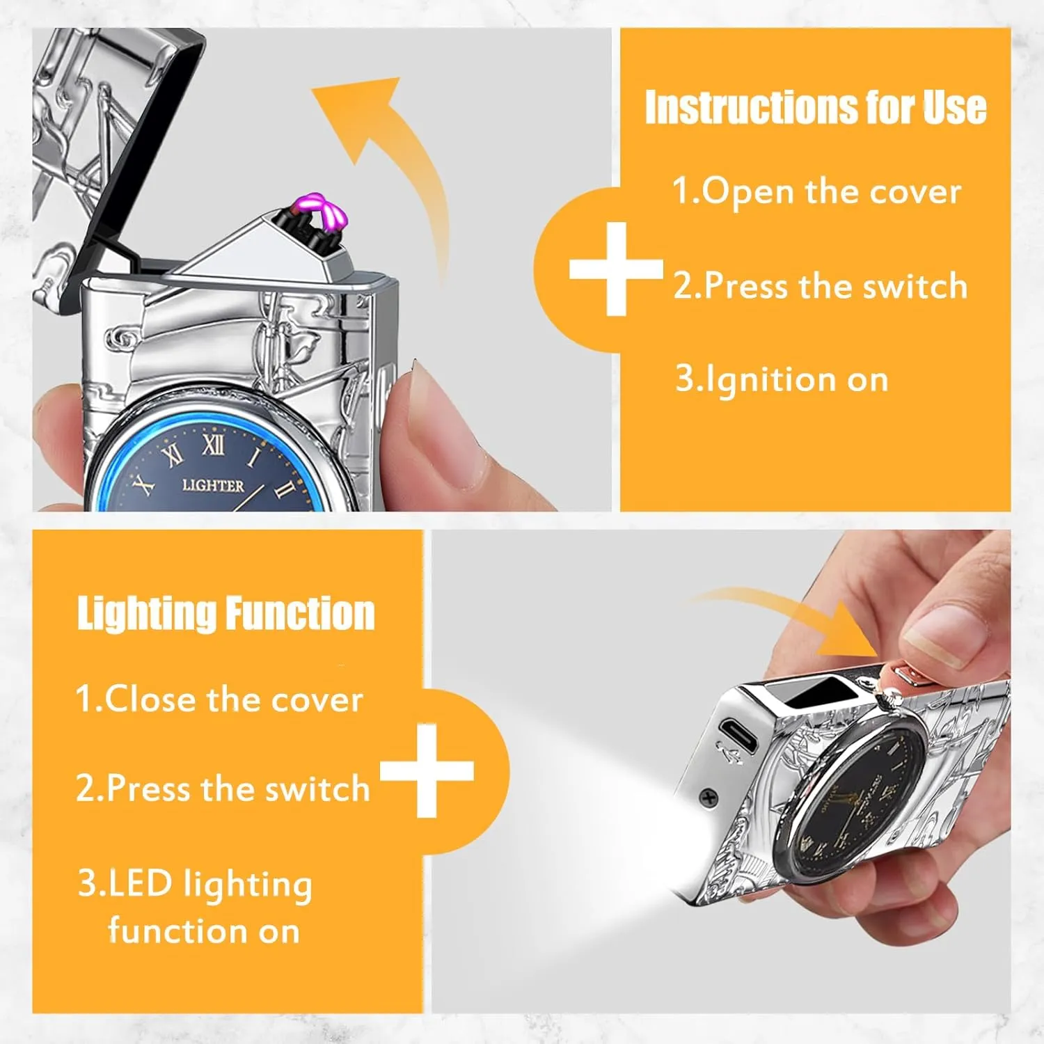 Electric Lighter with Plasma Arc, Windproof USB Rechargeable Lighter with Cool Design, Clock Dial, Flashlight, Power Display for Outdoor Daily Use, Gift for Men Women (Sailboat, Silver)