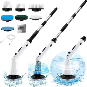 Electric Spin Scrubber with Long Handle, IPX7 Waterproof Cordless Electric Cleaning Brush, Shower Scrubber Bathroom Cleaner Brush with 7 Replaceable Brush Heads, 2 Speeds Scrubber for Floor Tile Tub