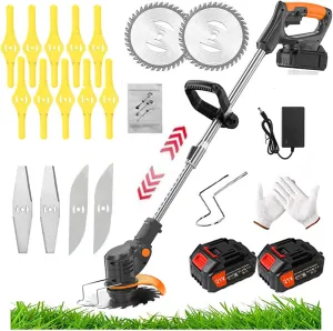 Electric Weed Eater String Trimmer Weed Wacker Lawn Edger with 2 Li-Ion Battery 1 Charger and 16 Cutting Blades for Lawn Yard Garden Bush Trimming & Pruning