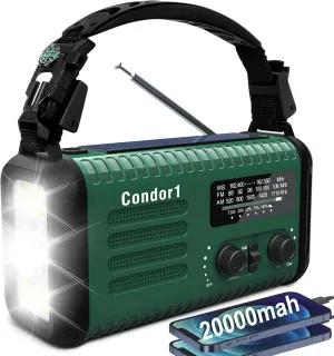 Emergency Weather Radio, 20000mah NOAA/AM/FM Solar Radio, Hand Crank Radio with USB Charging, Rechargeable Battery Powered, SOS Alarm, LED Reading Lamp & Flashlight for Emergencies Indoor Outdoor